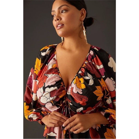 Anthropologie Maeve Deep-V Ruched Midi Dress sz 14 - Picture 3 of 6